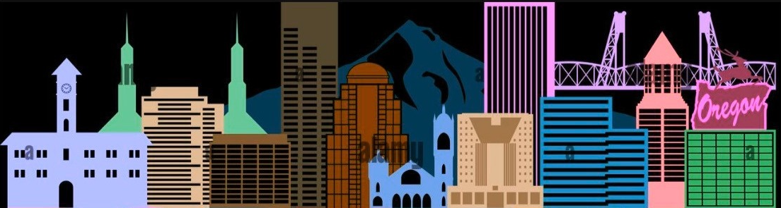 Portland skyline illustration with Mt. Hood, bridges, and the Oregon sign